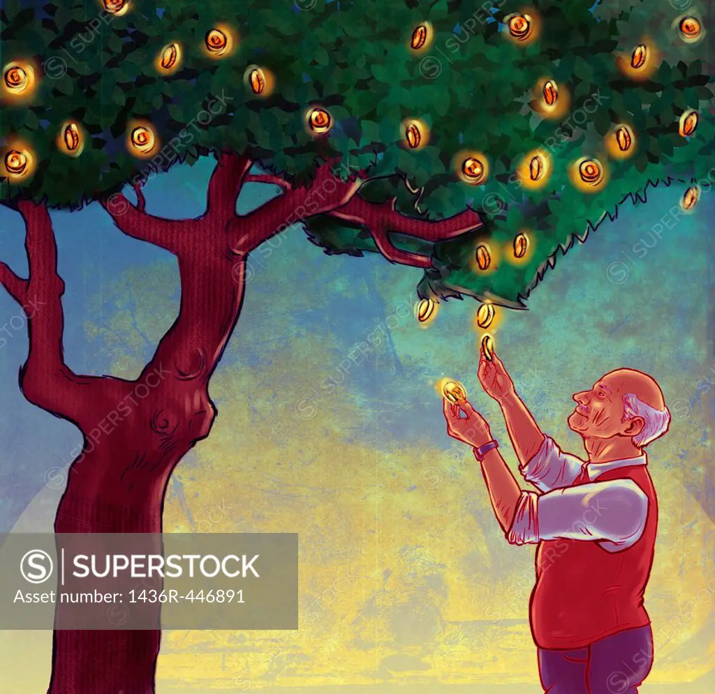 Illustrative concept of elderly man looking at coins growing on money tree representing retirement fund