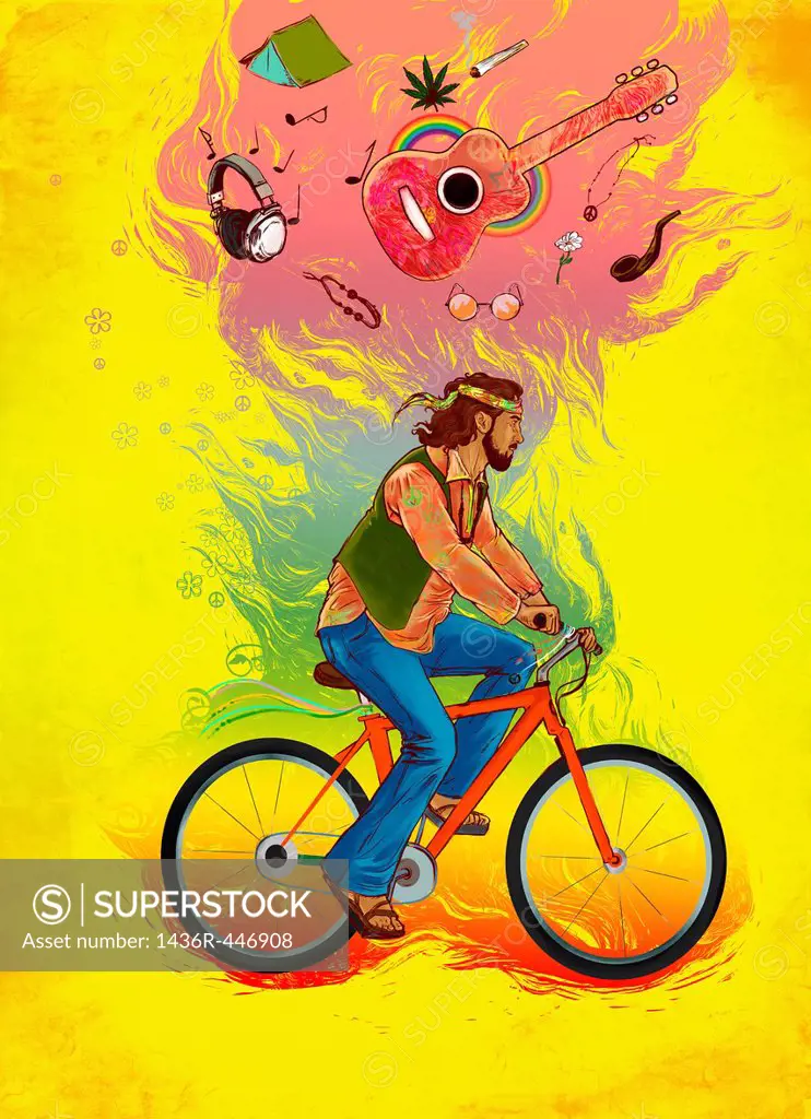 Illustrative image of hippy man riding bicycle