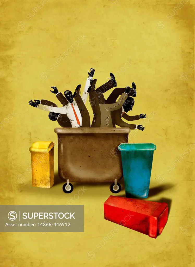 Illustrative image of business people in wheeled dustbin representing cost cutting