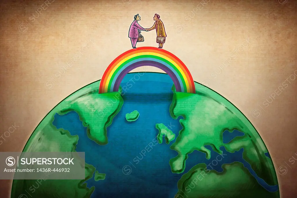 Illustrative image of business people shaking hands on rainbow above globe
