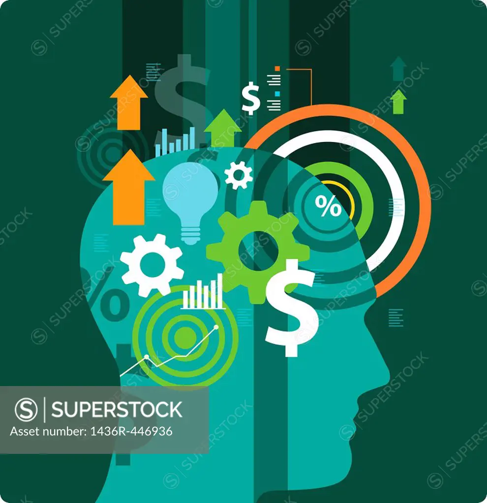Illustrative image of head with arrow signs, gears, bulb and dollar sign representing business idea