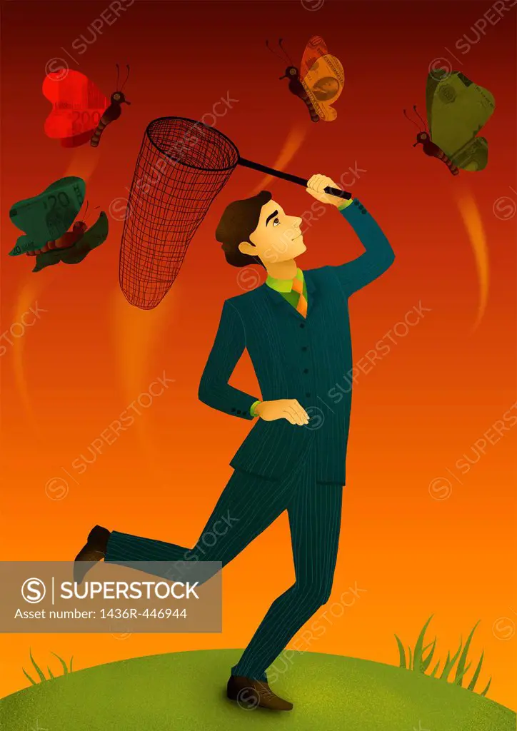 Illustrative concept of man with fishing net catching butterflies representing business offers