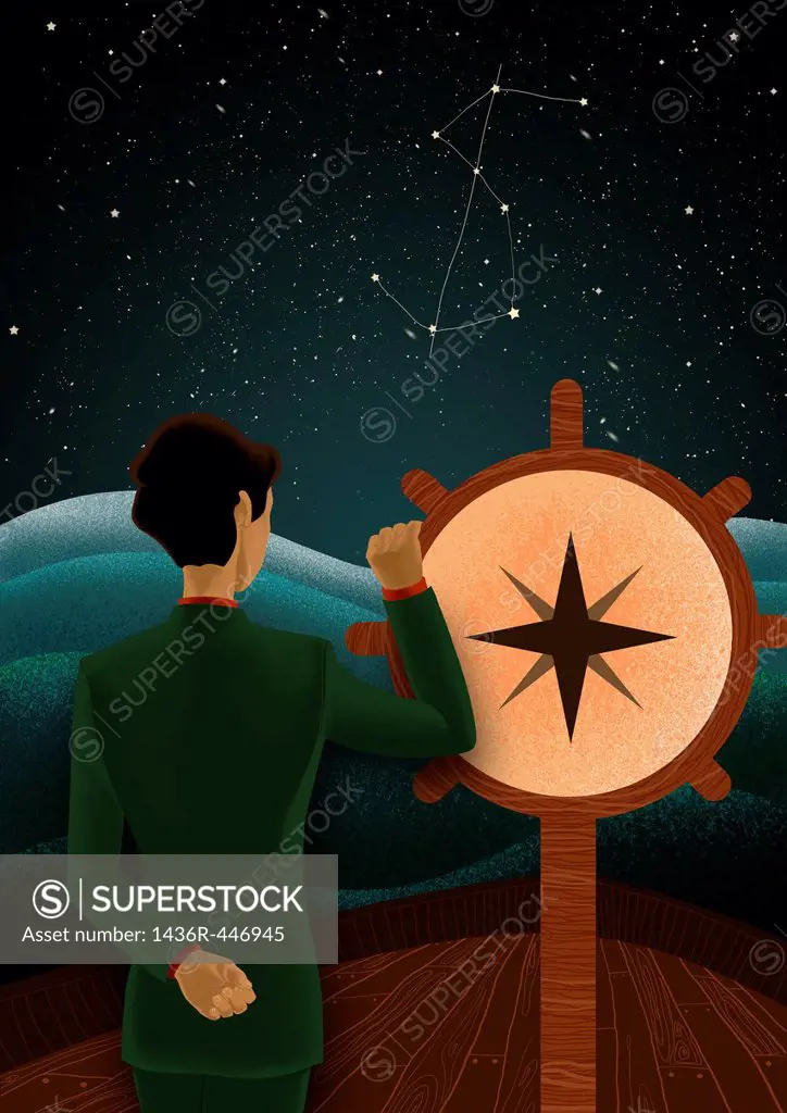 Rear view of businessman standing by boat´s helm representing business foresight