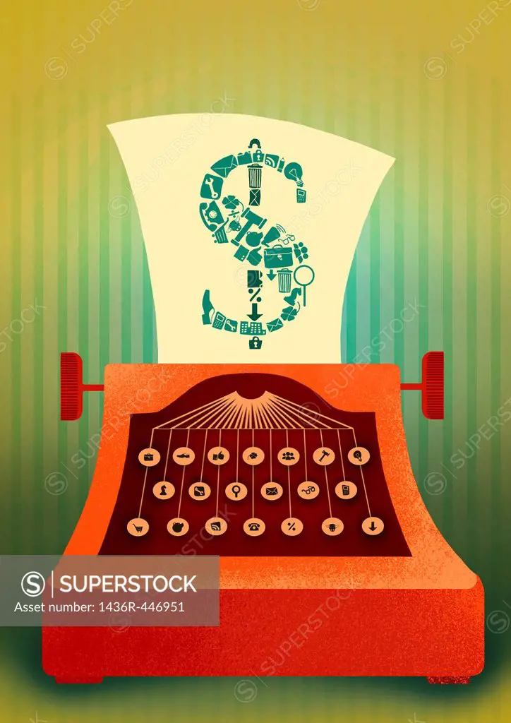 Illustrative image of typewriter with business sign keys printing out dollar sign on a paper