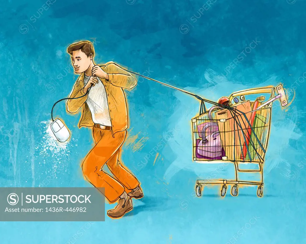 Illustrative concept of man pulling shopping cart representing online shopping