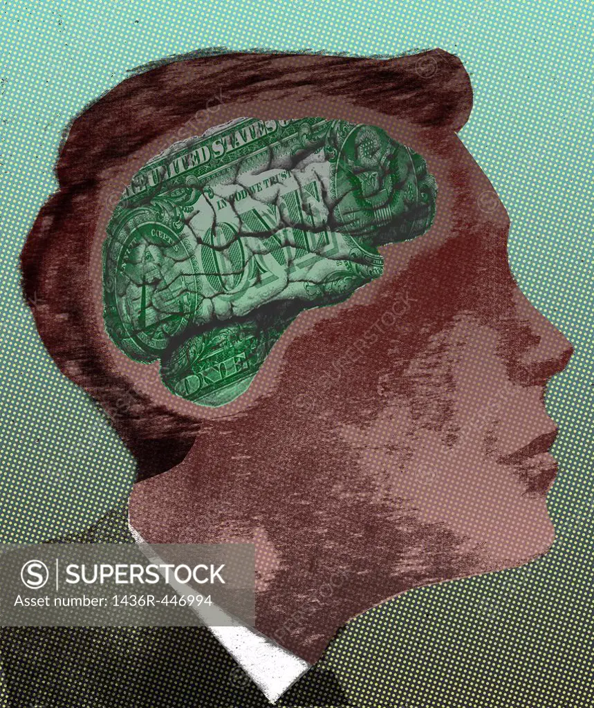 Illustrative image of businessman with money minded brain representing economical thinking