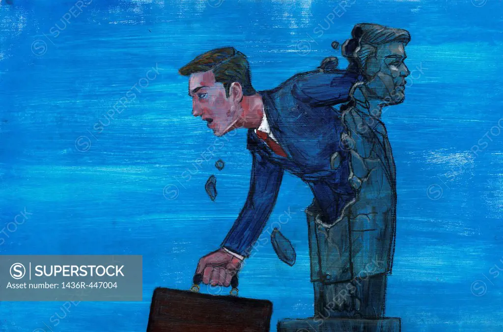 Illustrative image of businessman coming out from statue representing freedom from rules