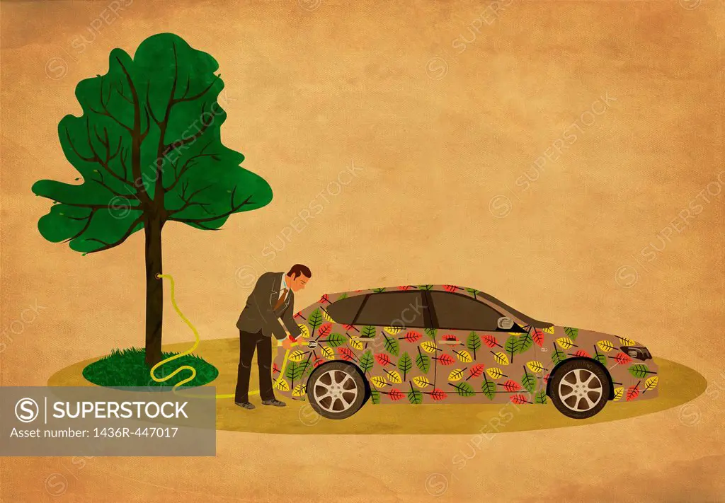 Illustrative image of businessman refueling car representing go green concept