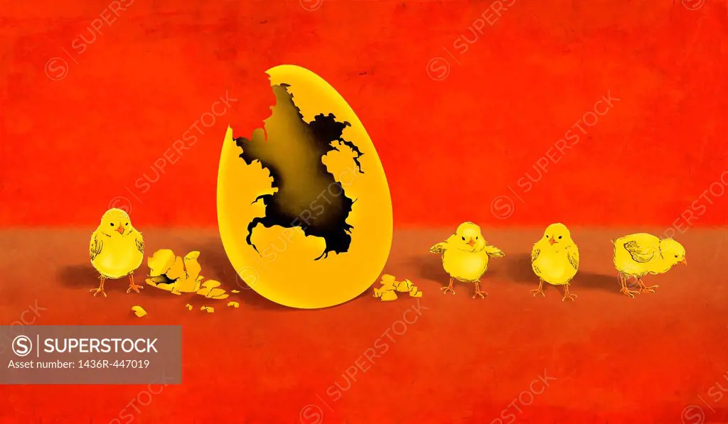 Illustrative image of newly hatched chicks by eggshell representing profit
