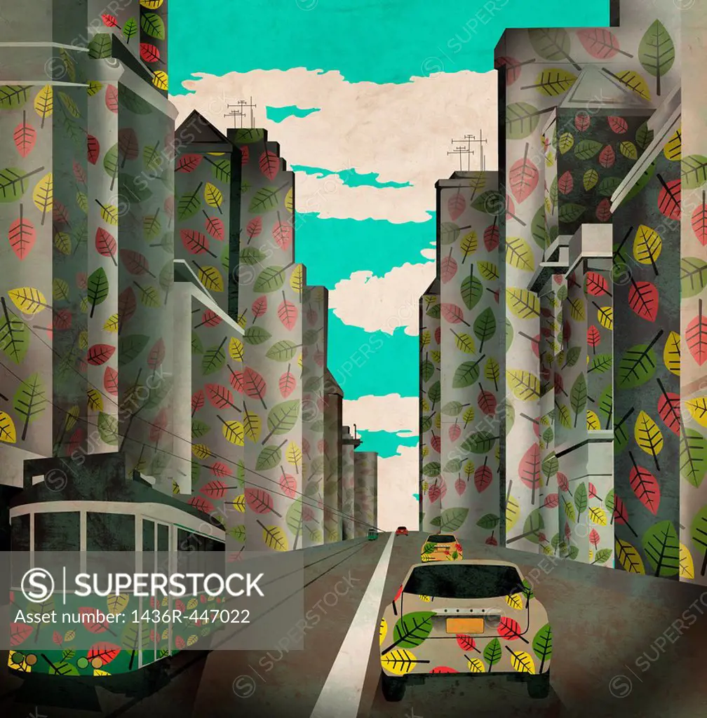 Illustrative image of vehicles and buildings with leaves design representing eco city