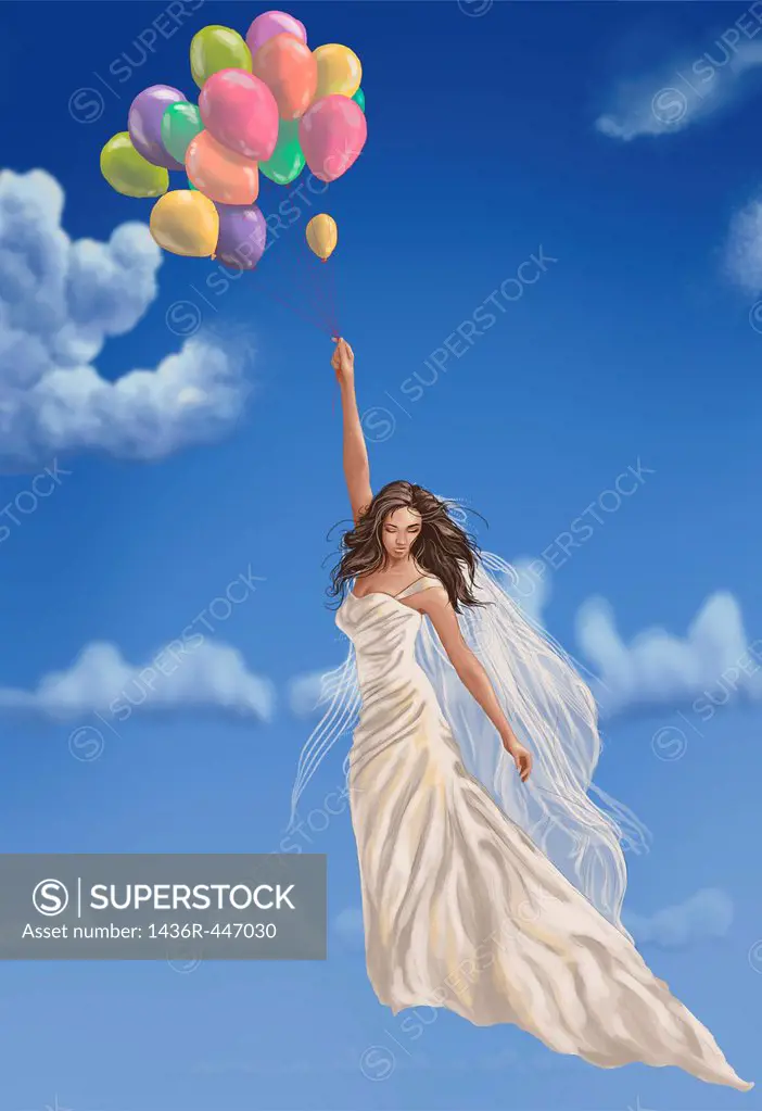 Illustrative image of bride with balloons and bird flying in sky