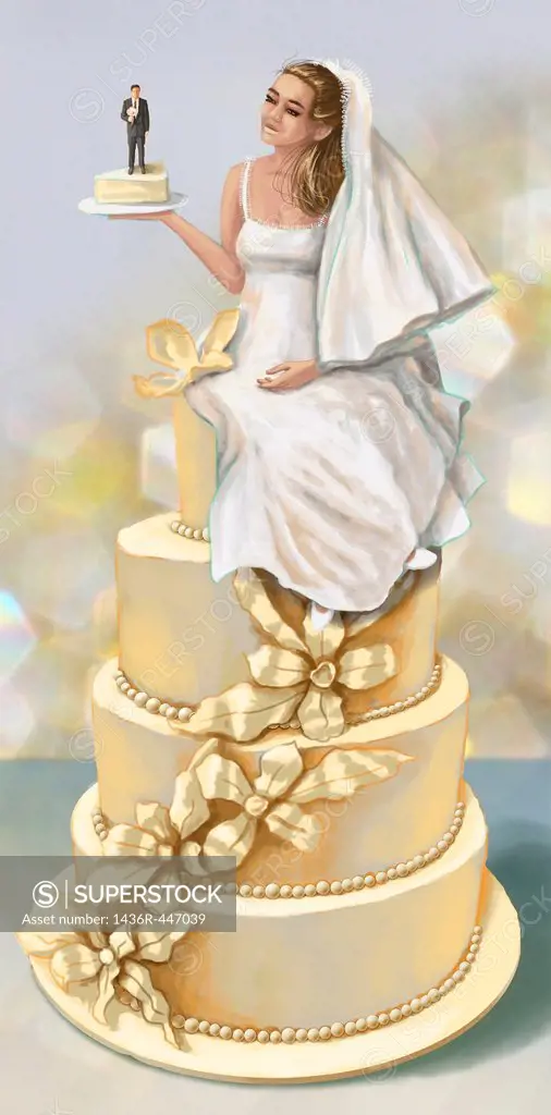 Illustrative image of bride sitting on a huge cake as she holds groom on a piece of cake