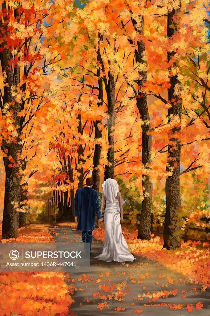 Illustrative image of newly wedded couple walking on narrow road in autumn