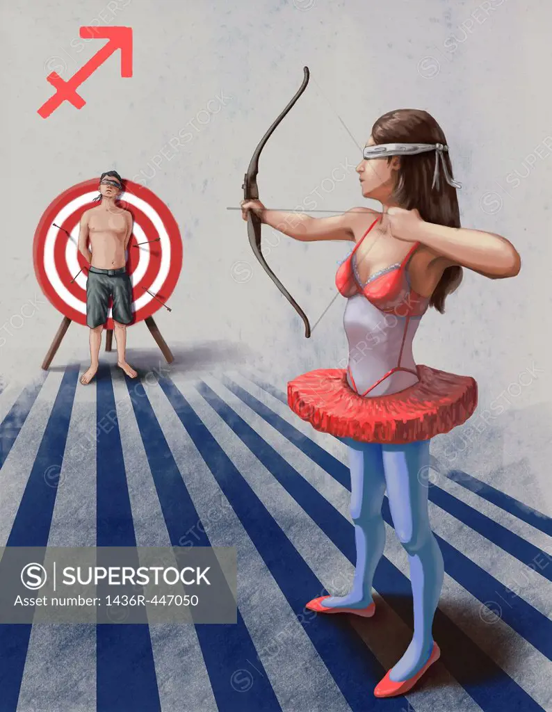 Illustrative image of woman targeting arrow at man representing Sagittarius sign