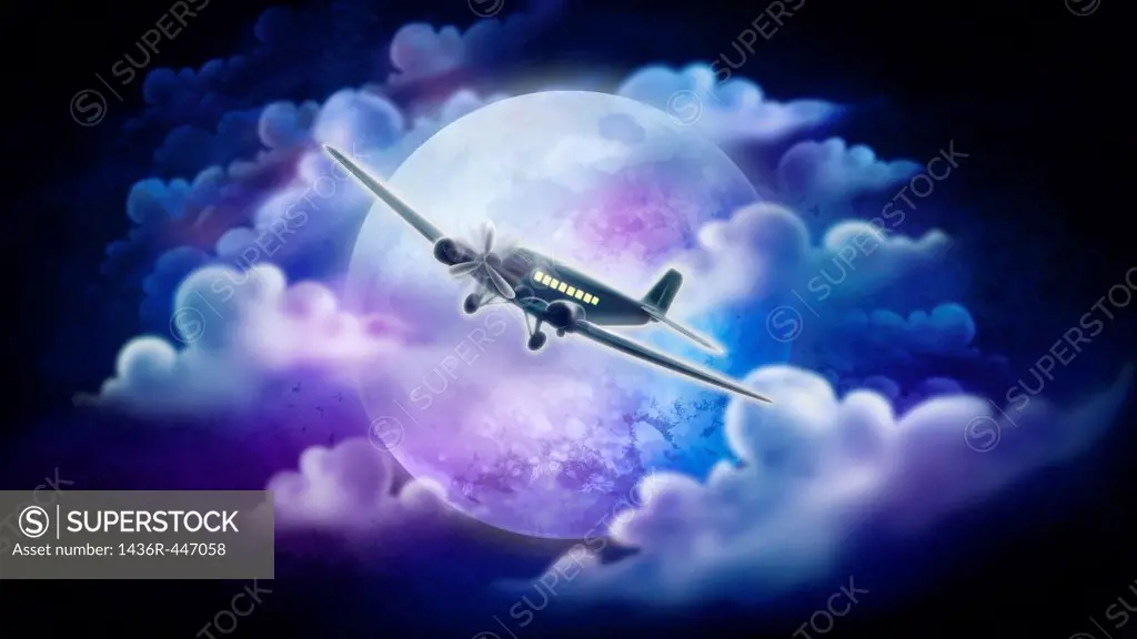 Illustrative image of airplane with full moon in the background representing overnight delivery