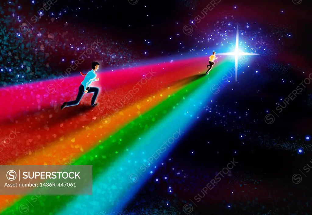 Illustrative image of businessmen running on rainbow representing business competition
