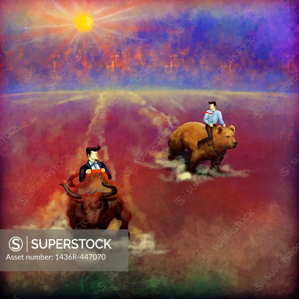Illustrative image of businessmen on bull and bear representing stock market