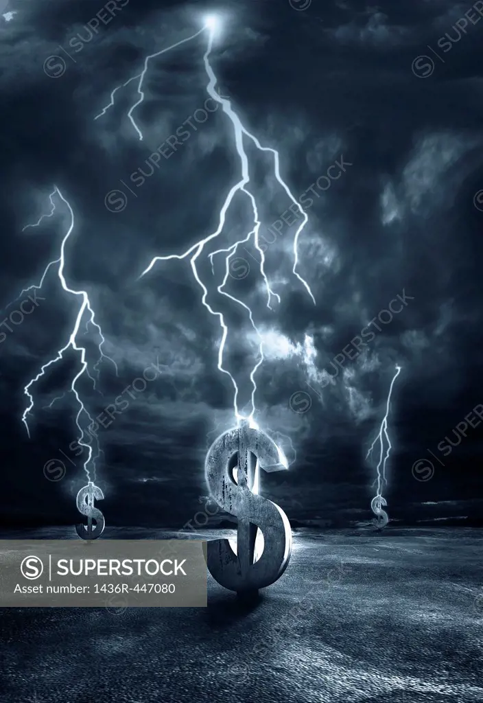 Illustrative image of lightening striking on dollar signs representing recession