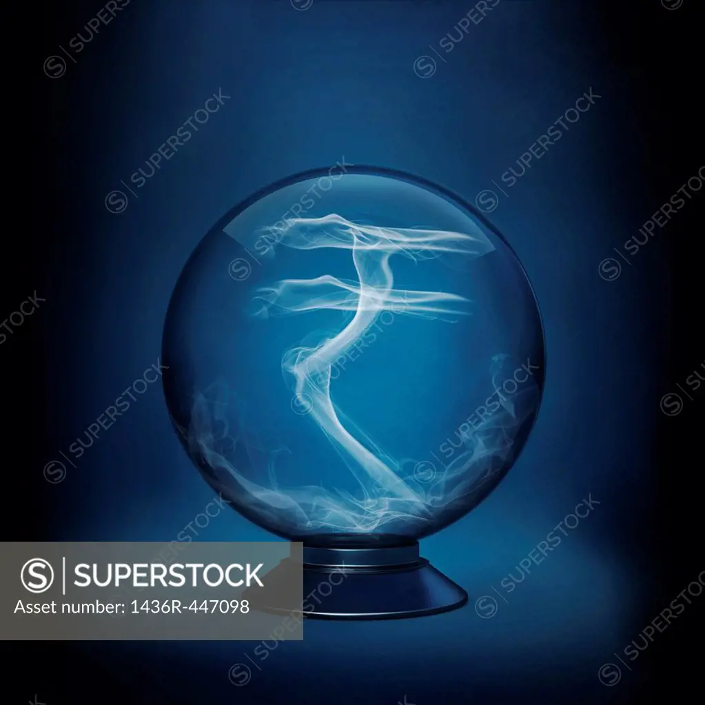 Illustrative image of rupee sign in crystal ball over blue background