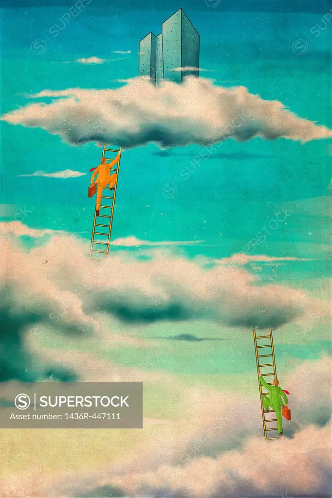 Illustrative image of businessmen climbing corporate ladder in sky