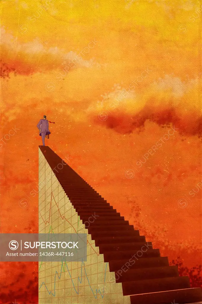 Illustrative image of businessman standing on staircase representing growth in stock market