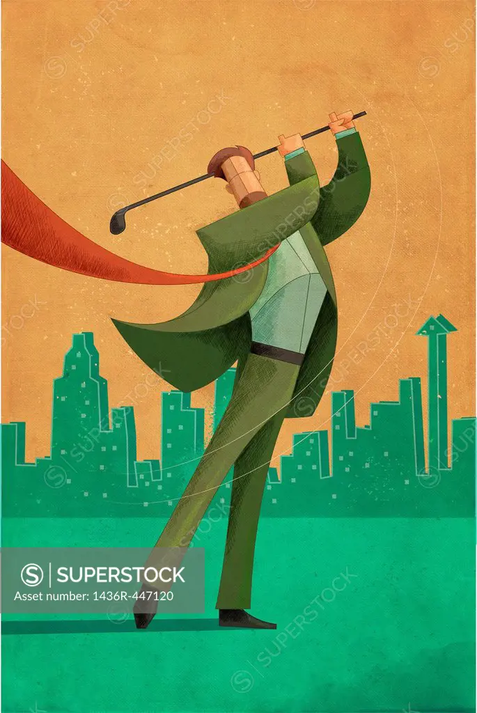 Illustrative image of businessman holding golf stick representing victory