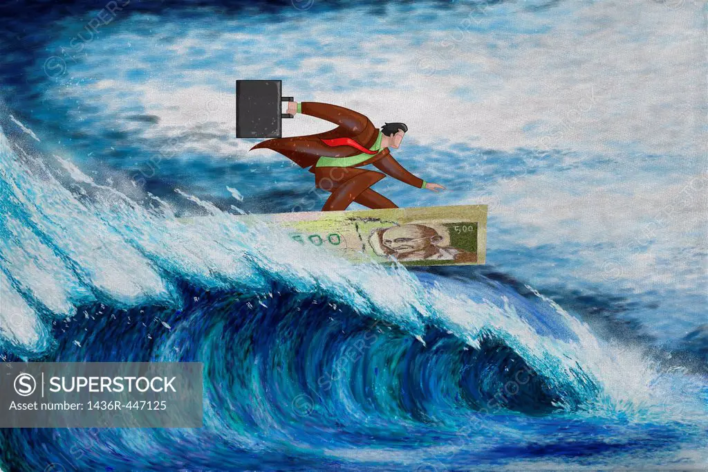 Illustrative image of businessman surfing on note representing conquering adversity