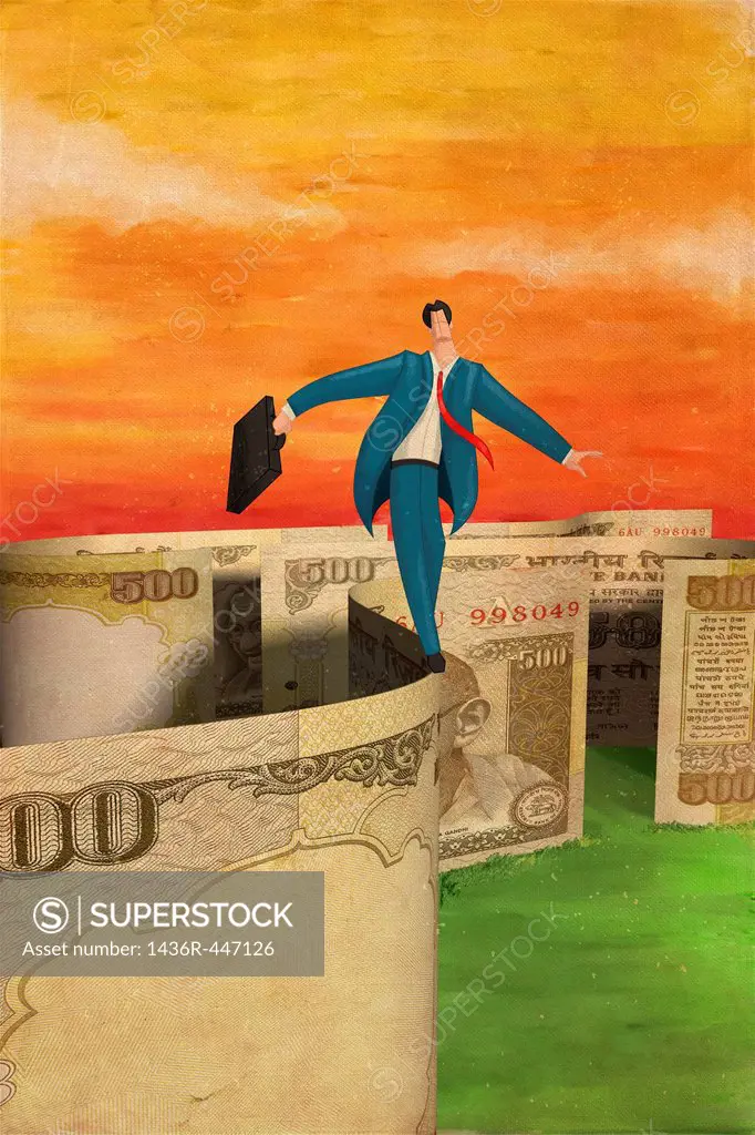 Illustrative image of businessman walking on note representing balance