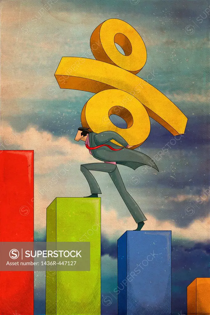 Illustrative image of businessman with percentage sign climbing on bar graph representing rise in interest