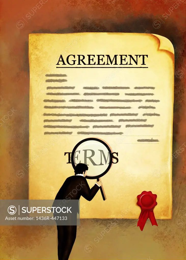 Illustrative image of businessman with magnifying glass reading an agreement