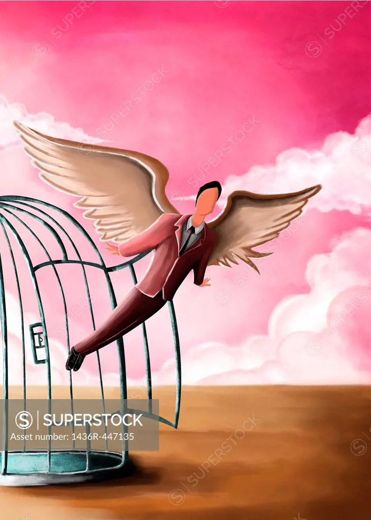 Illustrative image of businessman flying out from cage representing freedom