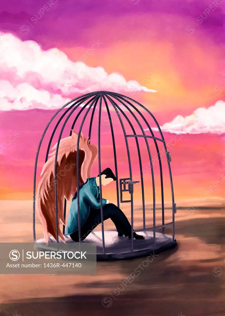 Illustrative image of sad businessman sitting in cage representing bondage