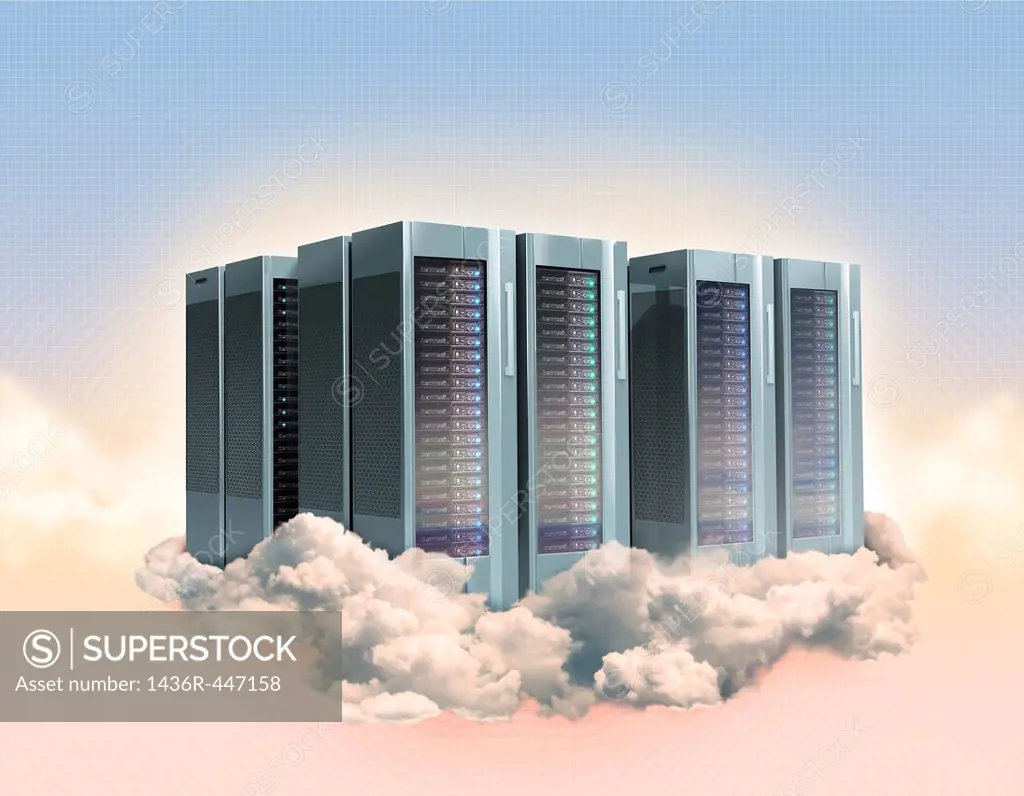 Illustrative image of computer servers on clouds representing cloud computing