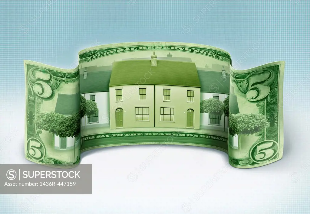 Illustrative image of house printed on banknote representing real estate business