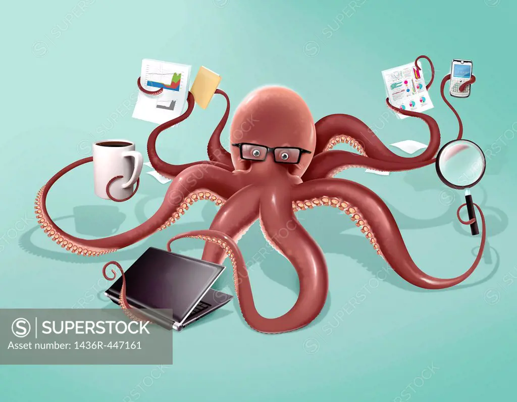 Illustrative image of octopus multi tasking over colored background