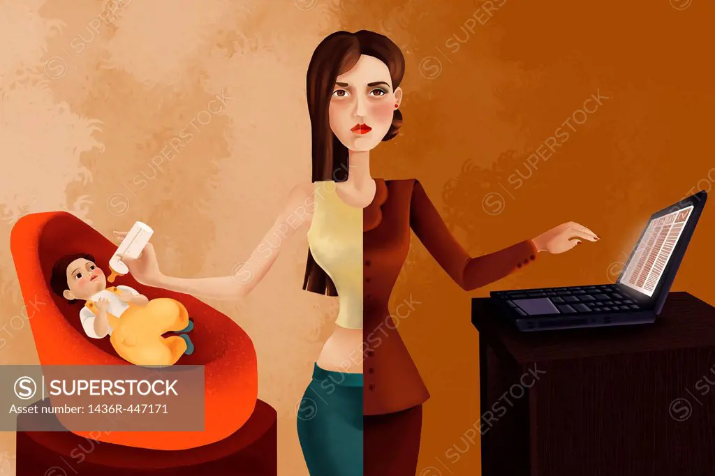 Illustrative image of professional woman feeding her baby while using laptop