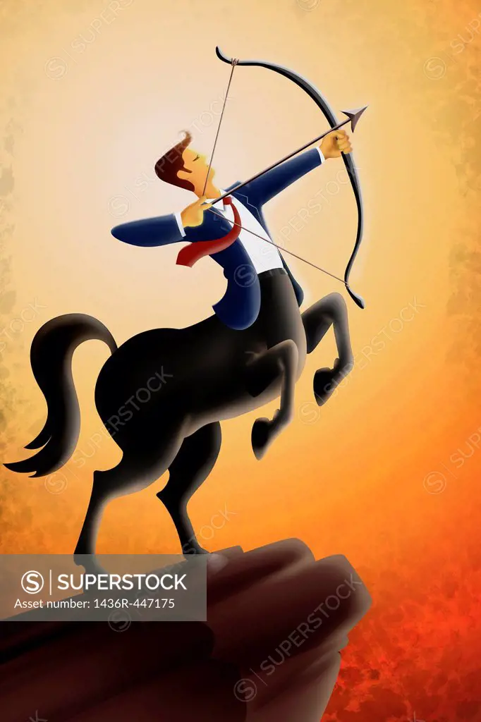 Illustrative image of businessman aiming bow and arrow against sky