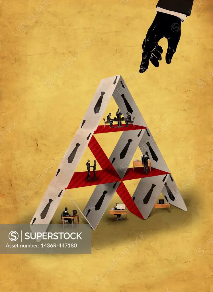 Illustrative image of hand pointing towards pyramid made of cards representing teamwork