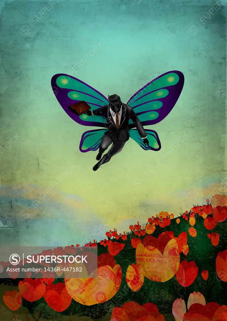 Illustrative image of man with wings flying above flowers representing business offers