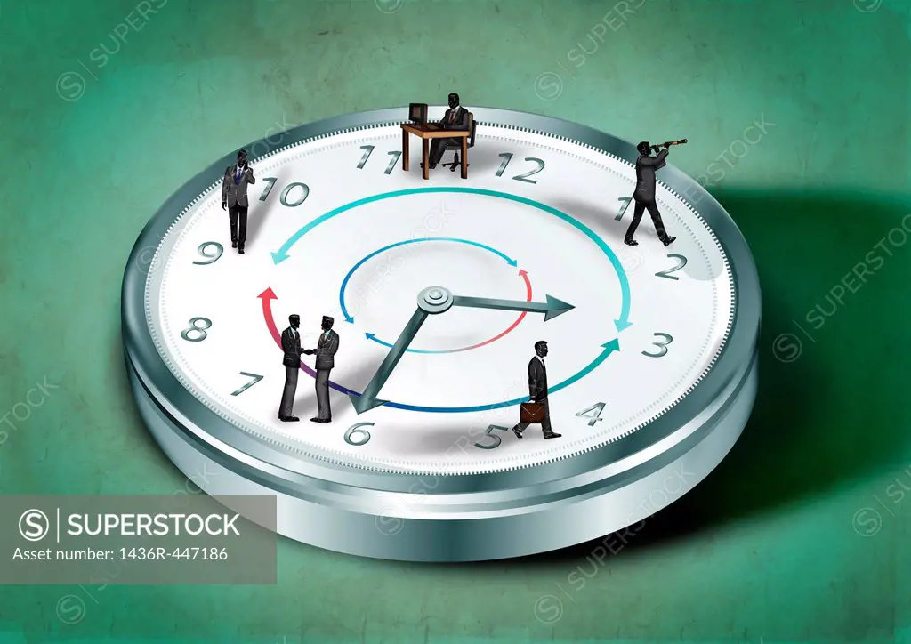 Illustrative image of business people on clock representing round the clock working