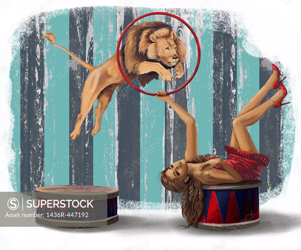 Illustrative image of lion jumping from ring during circus act