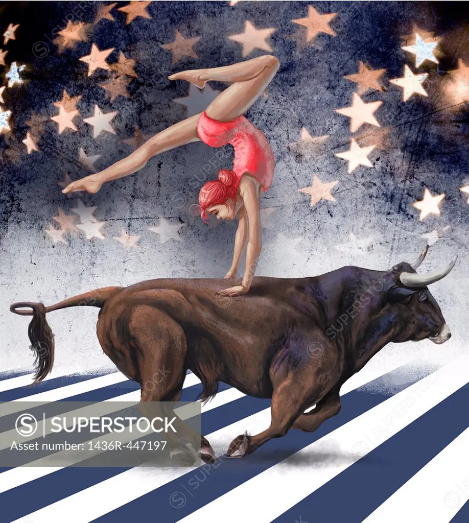 Illustrative image of female circus performer performing on top of bull