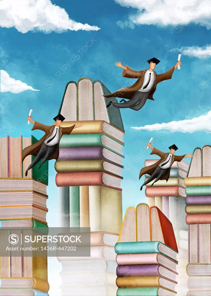 Illustrative image of stacked books and flying students representing graduation day