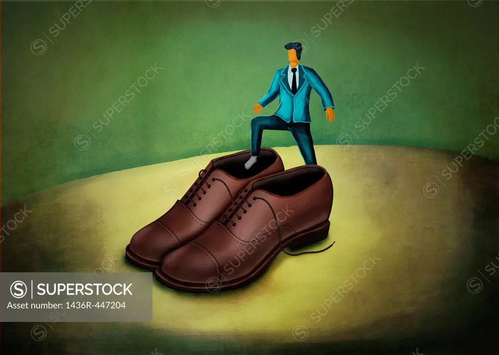 Illustration of businessman stepping in large shoes representing huge responsibilities