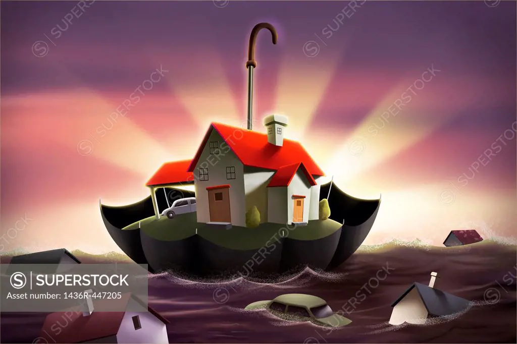 Illustration of an umbrella protecting house from flood representing home insurance