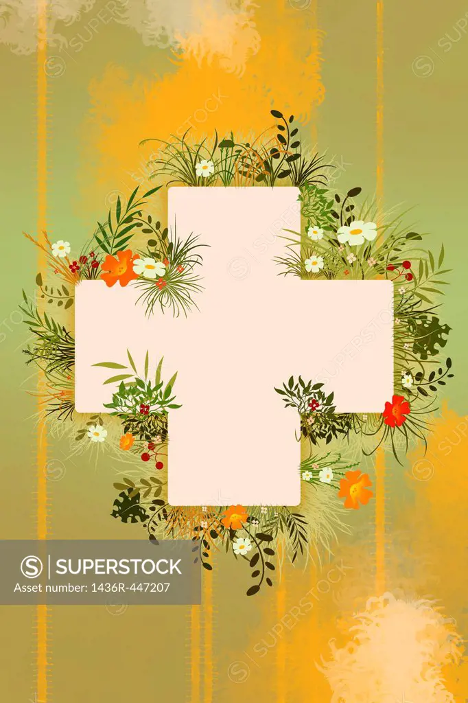 Illustrative image of plus sign surrounded with herbal plants