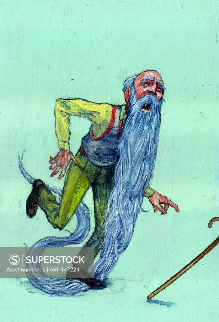 Illustrative image of senior man with long beard about to fall representing old age issues