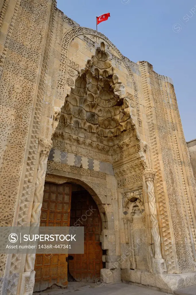 Eastern ornamental marble gate entrance or pishtaq of ancient Sultanhani Caravanserai Aksaray Turkey
