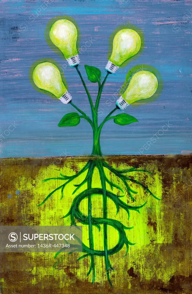 Illustrative image of lit light bulbs attached to plant representing ideas