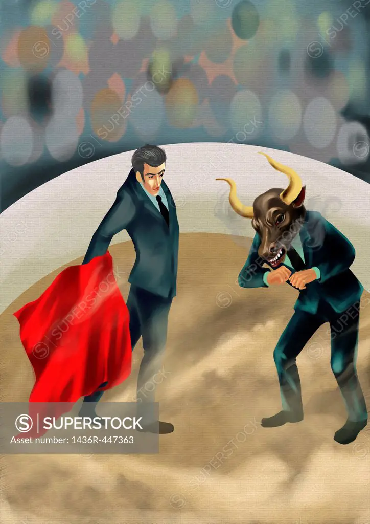 Illustrative image of businessman showing red cloth to bull